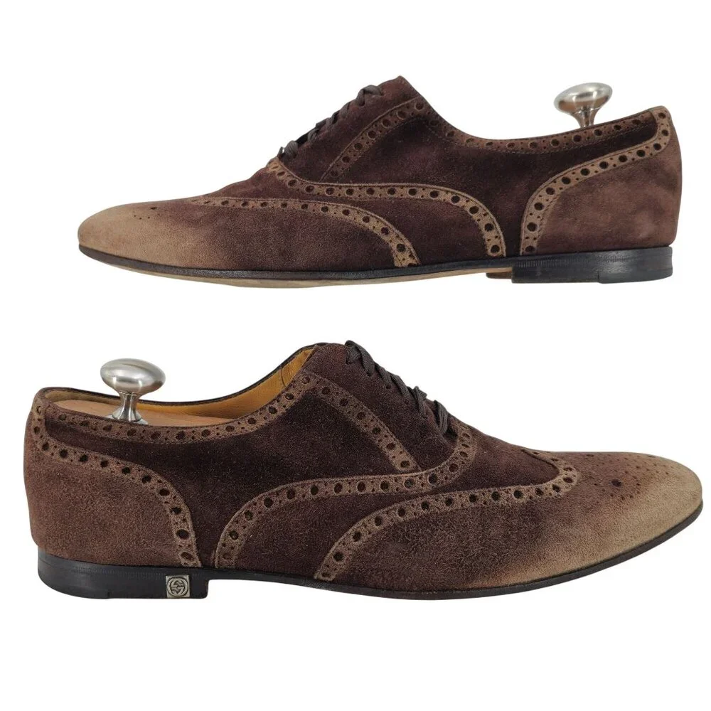 Gucci Italy Men size 7.5E Brown Suede Wingtip Derby Oxfords Designer Dress Shoes
